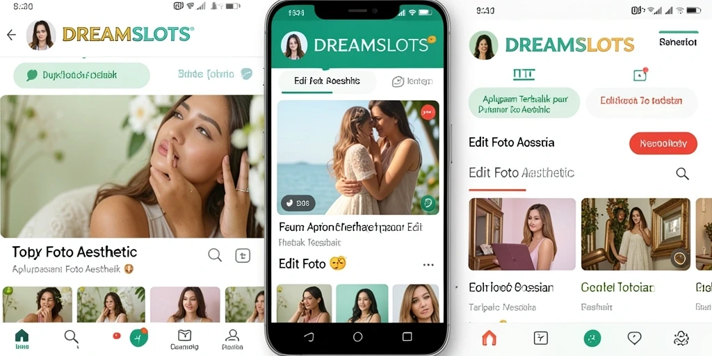 Antarmuka pengguna DREAMSLOTS dengan berbagai fitur edit foto aesthetic.