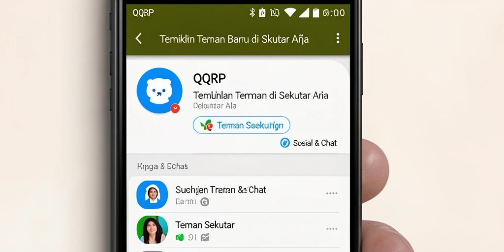 Antarmuka pengguna QQRP yang menampilkan kontak Teman Sekitar.